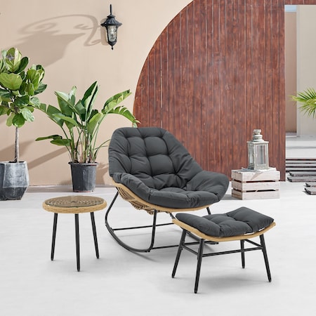 Manhattan Comfort Benson 3-Piece Patio Rocking Chair with Ottoman and Table in Grey OD-CV024-GY